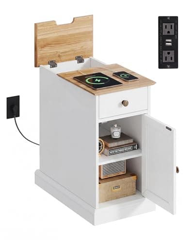 WLIVE End Table with Charging Station, Narrow Sied Table with Drawer & Cabinet, Side Table with Adjustable Shelf for Living Room/Bedroom, Farmhouse Nightstand with Hidden USB Ports and Outlets, White - Image 1