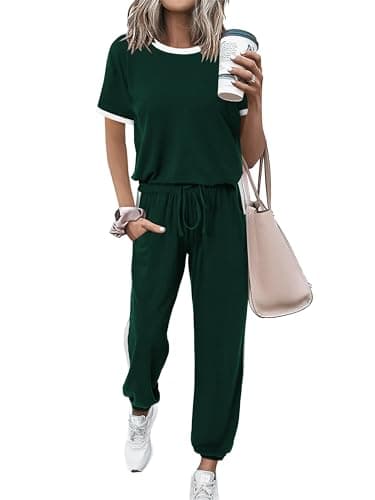 MASCOMODA Two Piece Sets for Women Summer 2026 Loungewear Jogger Set Spring Short Sleeve Tops Long Pants Casual Tracksuit Set(Dark Green,Large) - Image 1