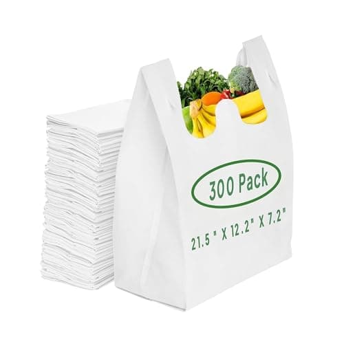 Simply Cool Reusable Grocery Bags Eco-Friendly T-Shirt Shopping Bags 21.5”x12.2”x7.2” Durable Recyclable Shopping Bags Washable, Foldable, Portable Tote Bags Bulk (300 Pack, White) - Image 1