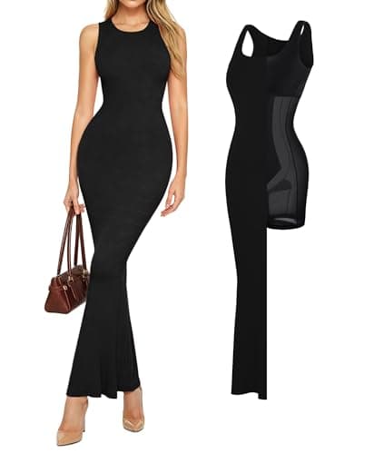 Popilush Maxi Dresses for Women Built-in Bra Shapewear Bodycon Modal Long Dress Tummy Control Fit Casual Formal Dresses Black Medium - Image 1