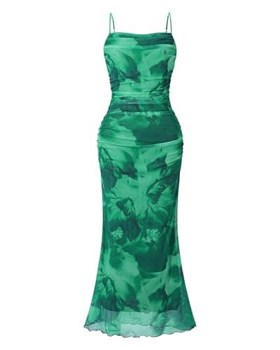 OutfitShow Womens 2026 Summer Floral Spaghetti Strap Bodycon Dresses Ruched Mesh Sexy Cocktail Party Long Dresses, Tie Dry Green XS - Image 1