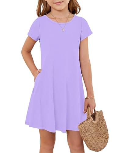Girls Summer Short Sleeve Dress Kids Casual Crew Neck Swing Knee Length Spring Mini Dress with Pockets 2026 Light Purple 11-12 Years - Image 1