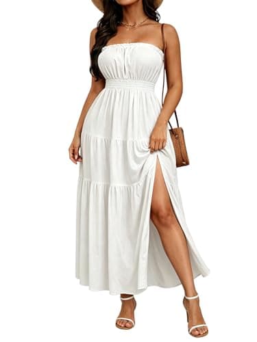 ABKY Off The Shoulder Dress Summer Strapless Tube Top Dresses Long Flowy A Line Side Slit Vacation Beach Holiday Party Outfit White L - Image 1