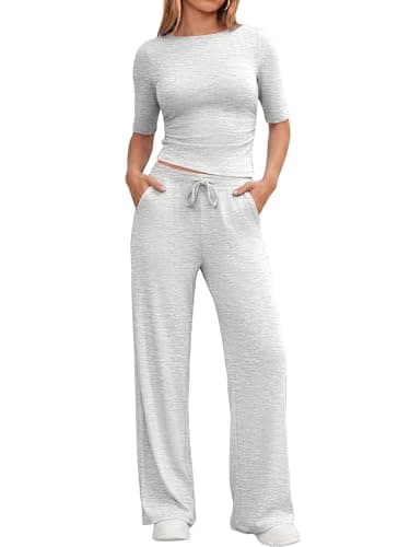 Casly Lamiit Women's Travel Outfits Summer Comfy Lounge Sets Athletic Wear Half Sleeve Beach Vacation Clothes Workout sets Light Grey M - Image 1