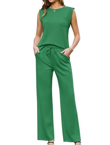difficort Womens Sets 2 Piece Outfits Round Neck Vest Sleeveless Tops Wide Leg Pants Outfits Summer 2026,Green,Small - Image 1