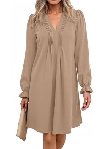 Dokotoo Midi Dresses for Women Sexy V Neck Elegant Plus Size Shirt Dresses Long Puff Sleeve Fall Dress Classy Beige Midi Dress for Beach Party Work Outfit Medium - Image 1