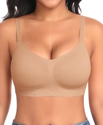 Seamless Wireless Bras for Women Comfy Padded V Neck Bralettes No Underwire Soft Smoothing Bras with Support(#01 Latte(Padded),Medium) - Image 1