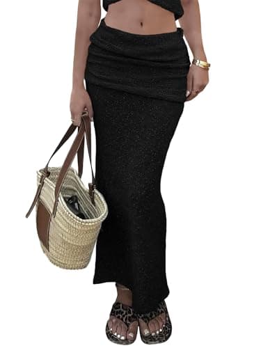 Saodimallsu Womens Beach Cover Up Maxi Skirt Sheer Fuzzy Knit Fold Over Mid Rise 2026 Summer Swimsuit Coverup Black - Image 1