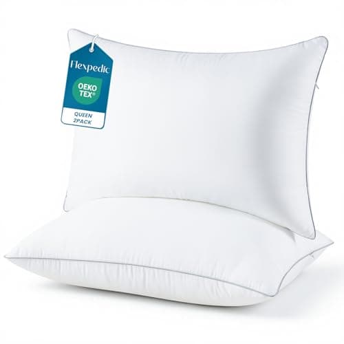 FP FLEXPEDIC Adjustable Bed Pillows for Sleeping - Soft Pillows Queen Szie Set of 2, Fluffy Down Alternative Fill, Zippered Hotel Quality Pillows with Gray Piping, 110GSM Premium Cover, CertiPUR-US - Image 1