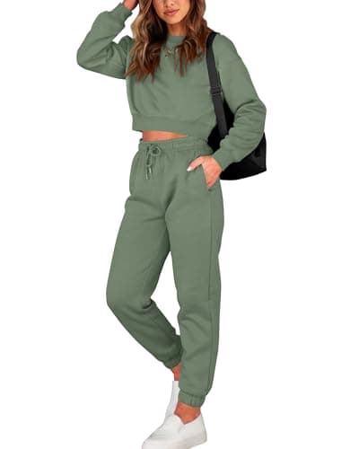 BTFBM Women 2 Piece Outfits Long Sleeve Crop Top Pullover Drawstring Pant Jogger Set Casual Sweatsuits Tracksuit Pockets(Green, Medium) - Image 1