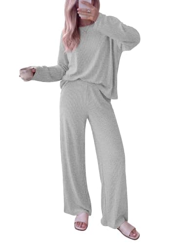 KIRUNDO Fall Ribbed Knit 2 Piece Lounge Set Women(Light Grey, X-Large) - Image 1