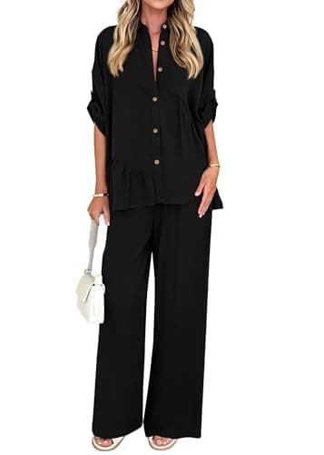 KIRUNDO Two Piece Sets for Women Spring Outfits 2026 Summer Fall Dressy Casual Button Down Shirt Wide Leg Pants Lounge Set(Black, Large) - Image 1