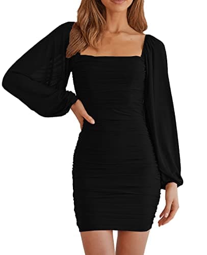 MEROKEETY Womens Long Sleeve Mesh Bodycon Cocktail Dress 2026 Square Neck Ruched Club Mini Dress Black Medium - Image 1