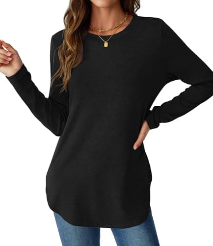 NORACORA Womens Long Sleeve Round Neck Shirts Side Split Basic Loose Tunic Tops Casual 2025 Trendy T Shirts Blouse Black S - Image 1