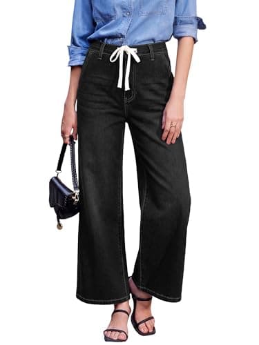 HDLTE Wide Leg Jeans Woman High Waisted Trendy Pull On Elastic Waist Drawstring Stretchy Denim Jean Pants with Pockets,Black,XS - Image 1