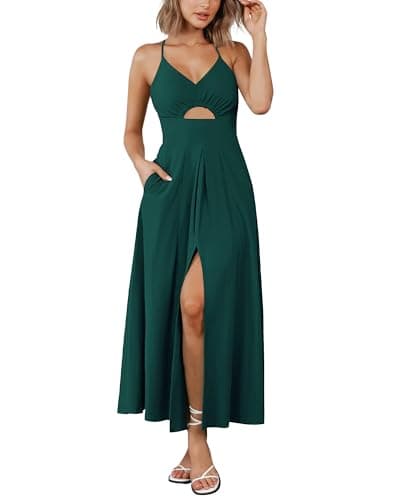 BTFBM Women 2026 Spaghetti Strap Midi Summer Dresses Sleeveless V Neck Cutout Slit Casual Beach Party Maxi Dress Pockets(Dark Green, XX-Large) - Image 1