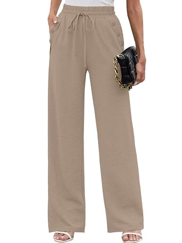 Heymoments Women Wide Leg Pants Wheat XX-Large High Waist Loose Casual Pants Adjustable Tie Knot Belted Long Straight Trousers with Pockets - Image 1