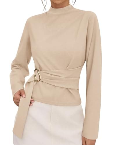 PRETTYGARDEN Women Blouses 2026 Fall Dressy Mock Neck Long Sleeve Work Shirts Buckle Belted Tunic Business Casual Tops(Beige,Medium) - Image 1