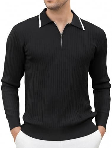 Esabel.C Men's Zipper Polo Shirts Long Sleeve Ribbed Knit Polo Contrast Collar Fashion Casual Golf Shirts,Black,L - Image 1