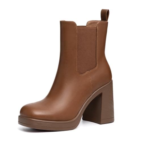 Athlefit Women's Chelsea Platform Boots High Chunky Heel Ankle Boots Square Toe Slip On Elastic Heeled Taupe Booties Size 8
