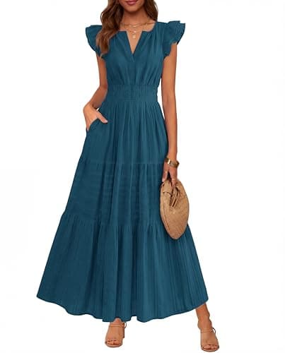 BTFBM Womens Summer Maxi Dress 2026 Spring Boho Vacation Ruffle Flutter Short Sleeve A Line Tiered Flowy Dresses Pockets(Lake Blue, Medium) - Image 1