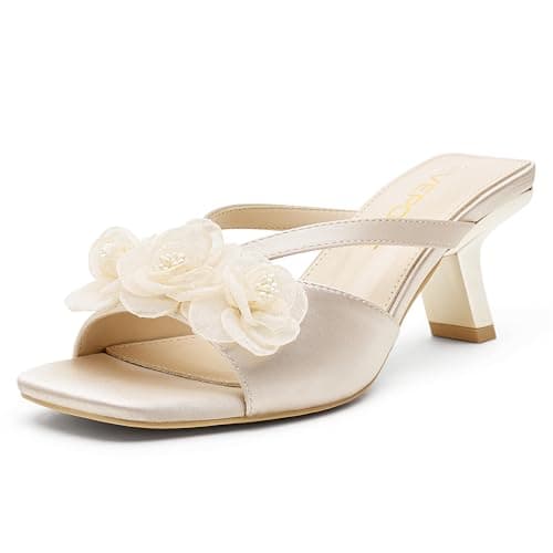 Vepose Women's Nude Floral Satin Heeled Sandals, Slip On Square Open Toe - Approx 3 Inch Rectangular Slim Block Heels, Dressy Wedding Guest Prom Evening Party Shoes Size 11 (CJY6115 nude 11) - Image 1