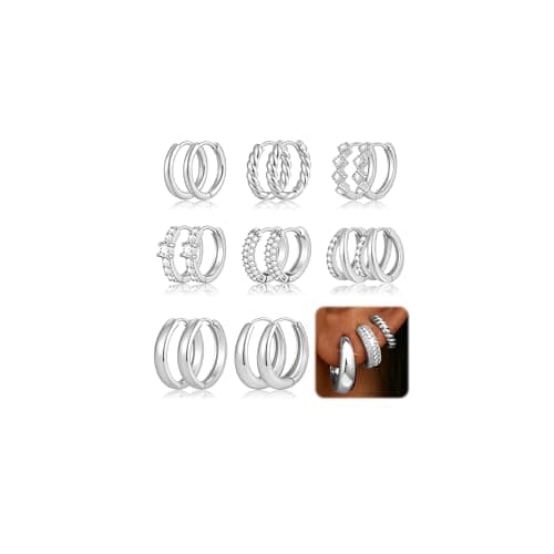 8 Pairs Silver Hoop Earrings Set for Women, Silver Plated CZ Cartilage Earring for Multiple Piercing, Lightweight Hypoallergenic Small Hoop Stackable Jewelry Gift - Image 1