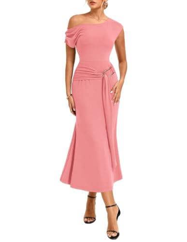 GRACE KARIN Women's 2026 Summer Wedding Guest Dresses Formal Cocktail One Shoulder Bodycon Dresses Elegant Ruched Maxi Dress Pink L - Image 1