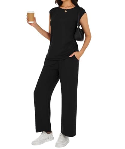 YSYOKOW Women's 2 Piece Lounge Set Cap Sleeve Top and Wide Leg Pants Casual Matching Travel Outfit with Pockets(Black, Small) - Image 1