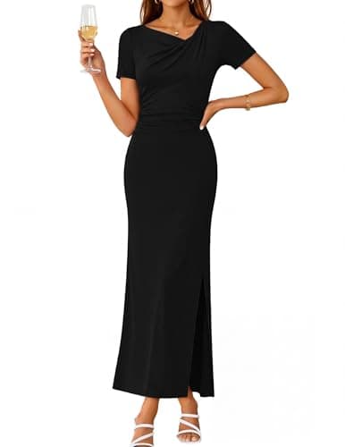 MEROKEETY Women's Summer Wedding Guest Dress Formal Short Sleeve Ruched Side Slit Bodycon Cocktail Party Long Dresses, Black, X-Large - Image 1