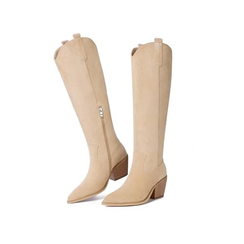 Reitoye Beige Cowboy Boots for Women Knee High Wide Calf Cowgirl Boots Pointed Toe Chunky Heel Western Boots Size 12 - Image 1