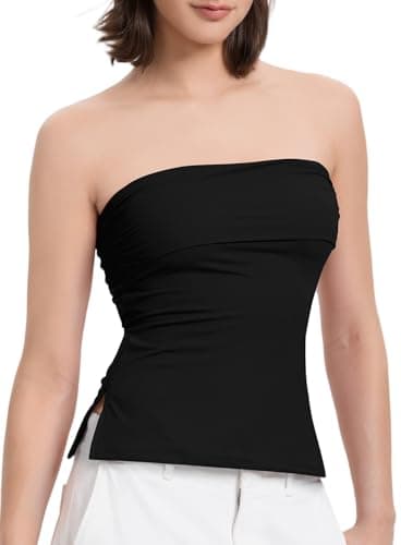 Women Tube Tops Sexy Double Line Going Out Trendy StraplessTank Tops Seamless Side Split Tops (Black,M)