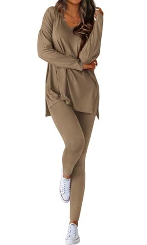 BTFBM Two Piece Sets for Women 2026 Casual Lounge Set Matching Oversized Shirts Leggings Workout Airport Travel Outfits(Dark Khaki, Small) - Image 1