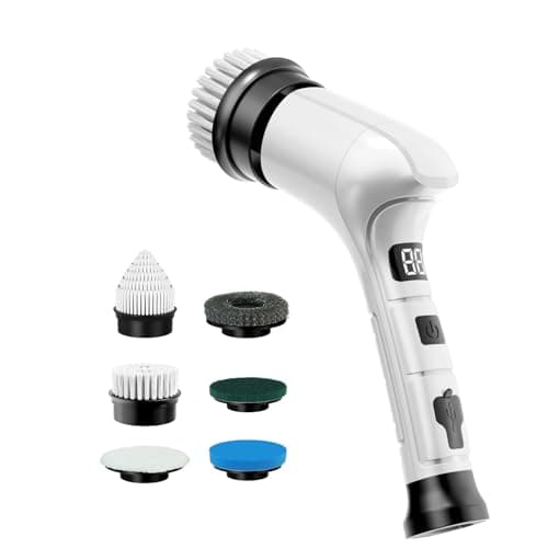 Electric Spin Scrubber, Cordless Household Cleaning Brush with 6 Replaceable Heads, 3 Speeds, LED Display, Lightweight Handheld Power Scrubber for Cleaning Stove/Bowl/Sink/Corner/Tile/Grout-White - Image 1