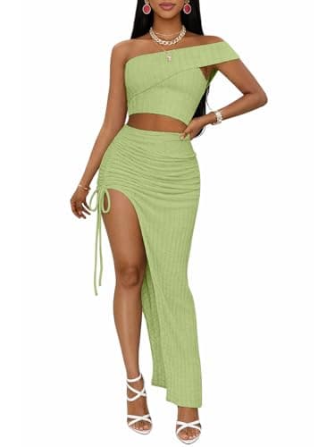 2 Piece Skirt Sets for Women Summer - Sexy Two Piece Outfits Off Shoulder Sleeveless Crop Top Drawstring High Slit Bodycon Maxi Long Skirt Beach Dresses Cover Up Vacation Outfits Green, 2XL - Image 1