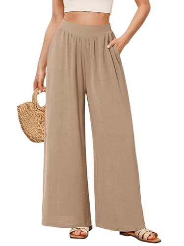 NIMIN Flowy Pants for Women Casual Summer Wide Leg Palazzo Pants High Waisted Lounge Trousers with Pocket Khaki L - Image 1