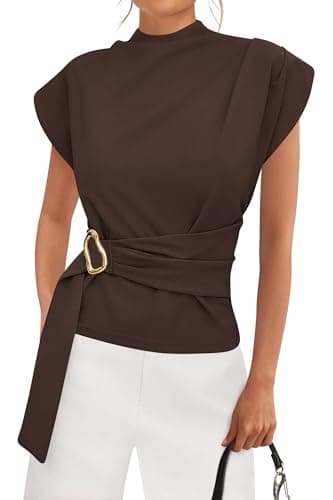 PRETTYGARDEN Women Blouses Spring Dressy Cap Sleeve Mock Neck Work Shirts Buckle Tunic Summer Business Casual Tops 2026(Brown,Large) - Image 1