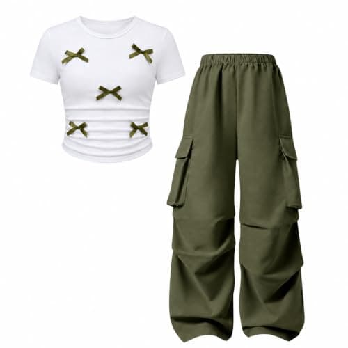Zylvae Girls 2 Piece Clothes Short Sleeve Cute Bow Decoration T-Shirt Top + Cargo Pants Teen Girl 2pcs Outfit Set, Size 10-11 Years - Image 1