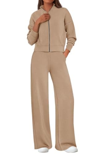 PRETTYGARDEN Women's 2 Piece Outfits Spring Sweatsuits Zip Up Sweatshirt Wide Leg Sweatpants Casual Tracksuit Lounge Sets(Khaki,Large) - Image 1