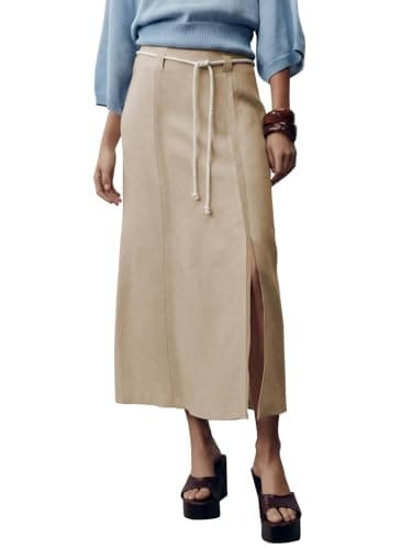 EXLURA Womens Linen Elastic Waist Straight Midi Skirt Summer Cotton Maxi Long Boho Skirts Slit Beach Vacation Outfits 2026 Apricot - Image 1