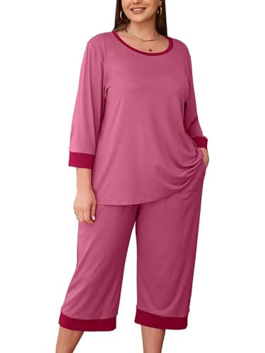AusLook Womenâs Plus Size Pajama Sets Purple Red 4X Soft 3/4 Sleeve Nightwear Top and Capri Pants Lounge Set with Pockets - Image 1
