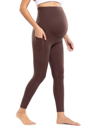POSHDIVAH Women's Maternity Workout Leggings with Pockets Over The Belly Pregnancy Soft Athletic Work Yoga Pants Taupe Medium - Image 1