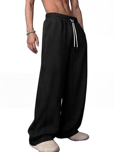 Crastimo Men's Baggy Sweatpants Wide Leg Elastic Waist Adjustable Drawstring Track Loose Floor-Length 3 Pockets Pants Black M - Image 1