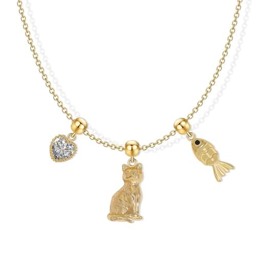 Aohik Cute Cat Charm,Natural Pearls,Gold Plated Pendant Necklace for Women,Cute Fish Charm Jewelry, Heart Crystal Detail, Animal Lover Gifts - Image 1