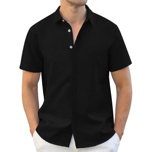 Rioofinx Men's Button-Down Shirts Wrinkle Free Short Sleeve Shirt Textured Linen-Look Casual Top for Summer, Beach Vacation Linen-Black XL - Image 1