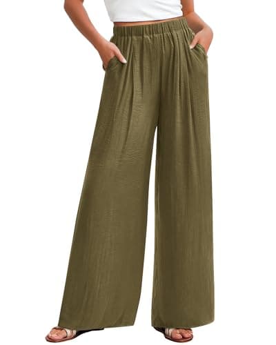KIRUNDO Flowy Pants for Women Summer 2026 Wide Leg Palazzo Pants Elastic Waist Lounge Trousers Pockets Beach Vacation Outfits(Army Green, XX-Large) - Image 1