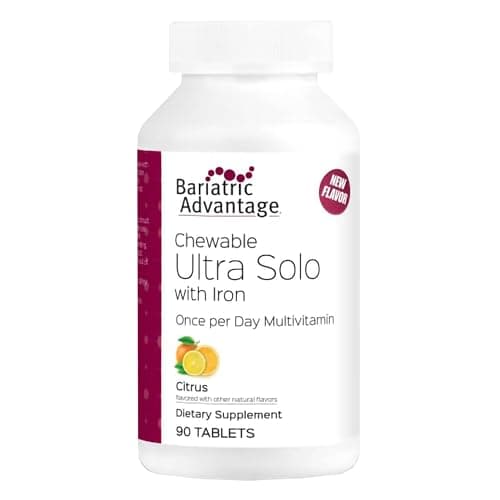 Bariatric Advantage Chewable Ultra Solo with Iron - Once-Per-Day Daily Multivitamin - for Bariatric Patients - with Thiamin, Vitamin A & More - Gluten Free - Citrus - 90 Tablets