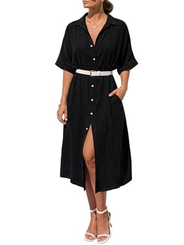 LILLUSORY Summer Long Shirt Dresses for Women 2026 Beach Vacation Outfits Casual Button Down Short Sleeve Swimsuit Coverup Black S - Image 1
