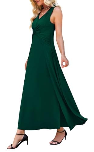 WEACZZY Women V Neck Sleeveless Pleated Cross Twisted Sexy Slimming Long Dresses Semi Formal Date Night Maxi Dress,Dark Green,XXL - Image 1
