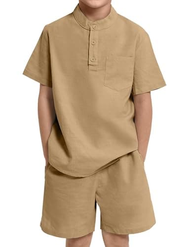 JiAmy Boy's 2 Piece Summer Outfits Casual Henley Button Down Short Sleeve Shirts and Short Sets Kids Clothes Pants Sets - Image 1